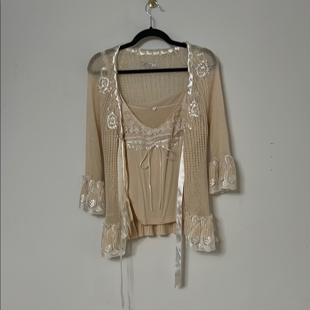 Cream Bell Sleeve Tie Front Blouse